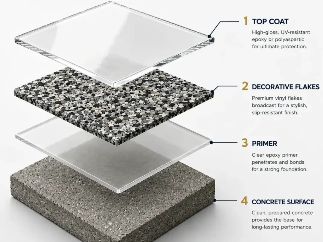 Decorative flake broadcast stage