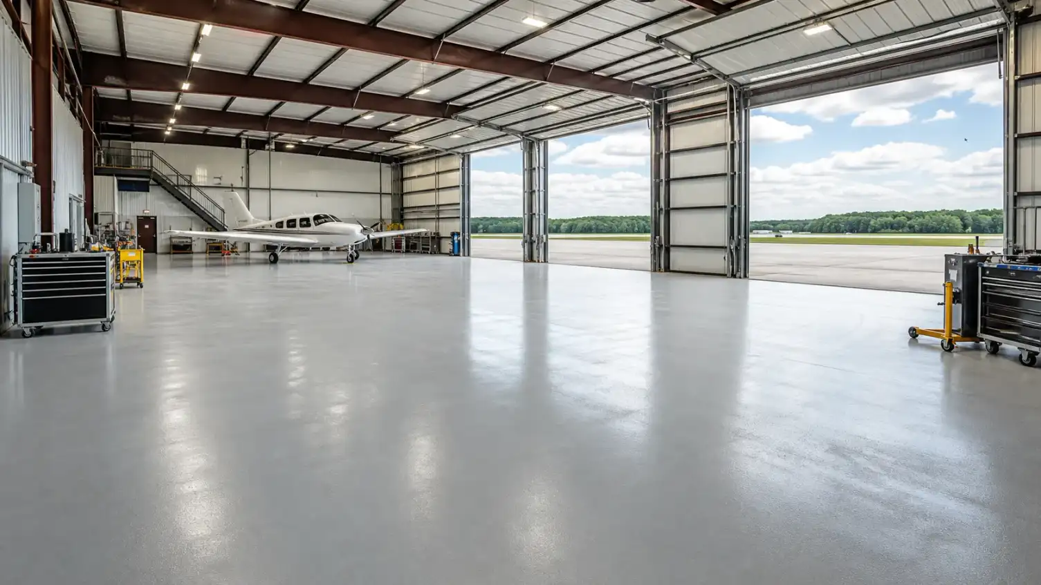 airplane hangar epoxy flooring Atlanta bright clean aircraft facility floor