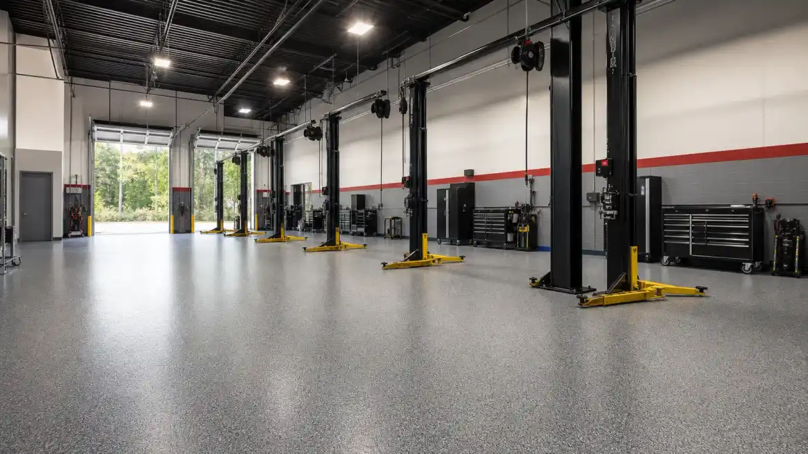auto shop epoxy flooring Atlanta with lift bay and cleanable coating