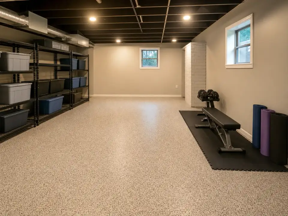 well-maintained basement floor coating in Atlanta home lower level