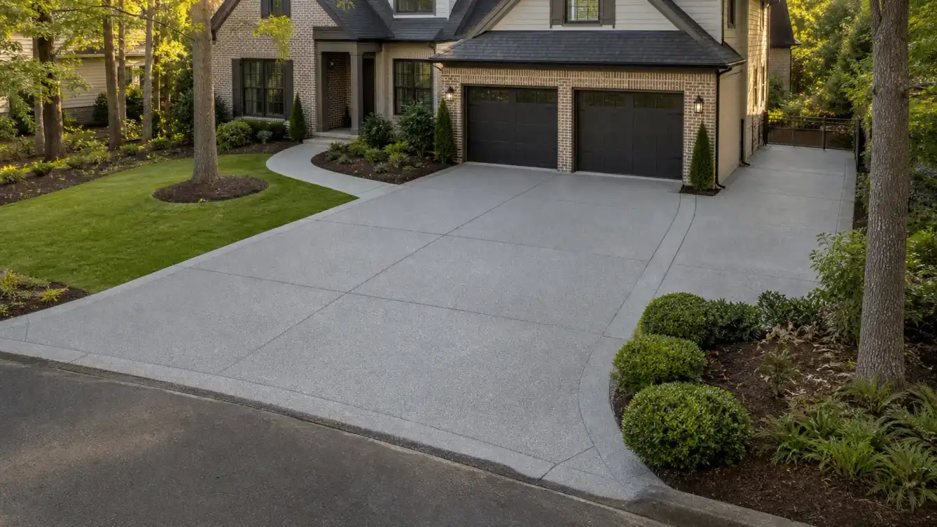 driveway coating atlanta main residential driveway with clean gray finish; driveway coating atlanta driveway apron coating near garage entry; driveway coating atlanta residential parking pad with durable coating; driveway coating atlanta front walkway connection with matching concrete finish; driveway coating atlanta side entry concrete pad with neutral coating