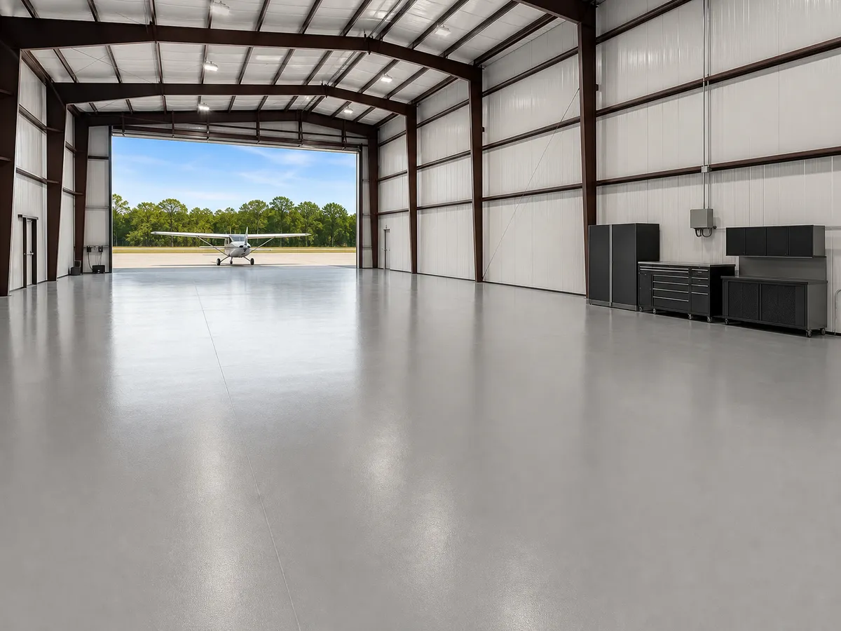 Garage Glow Final Smooth durable epoxy floor across a Peachtree Corners airplane hangar