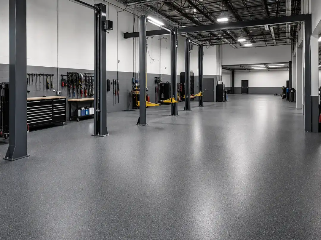 Garage Glow Final Oil-resistant coated floor inside a Smyrna auto shop