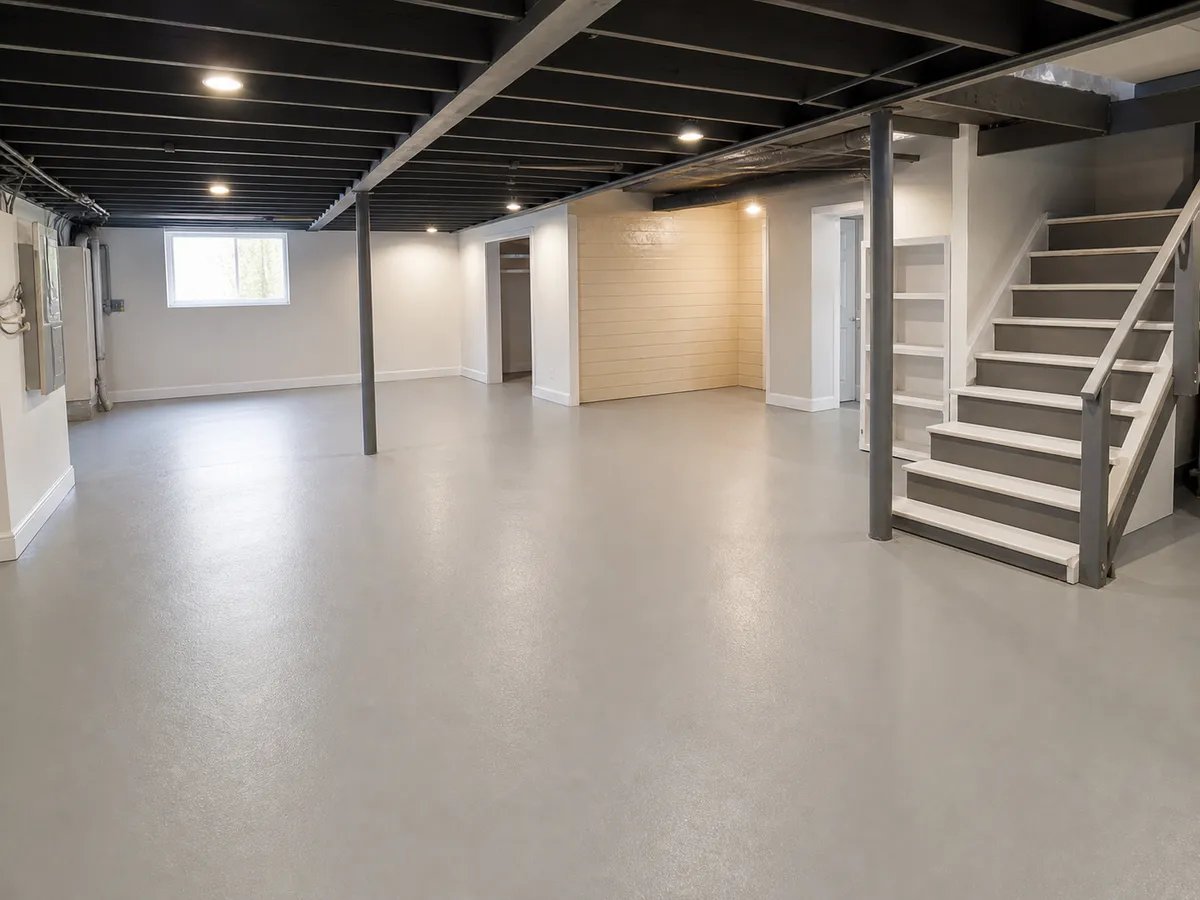 Garage Glow Final Light gray coated basement floor in a Roswell home