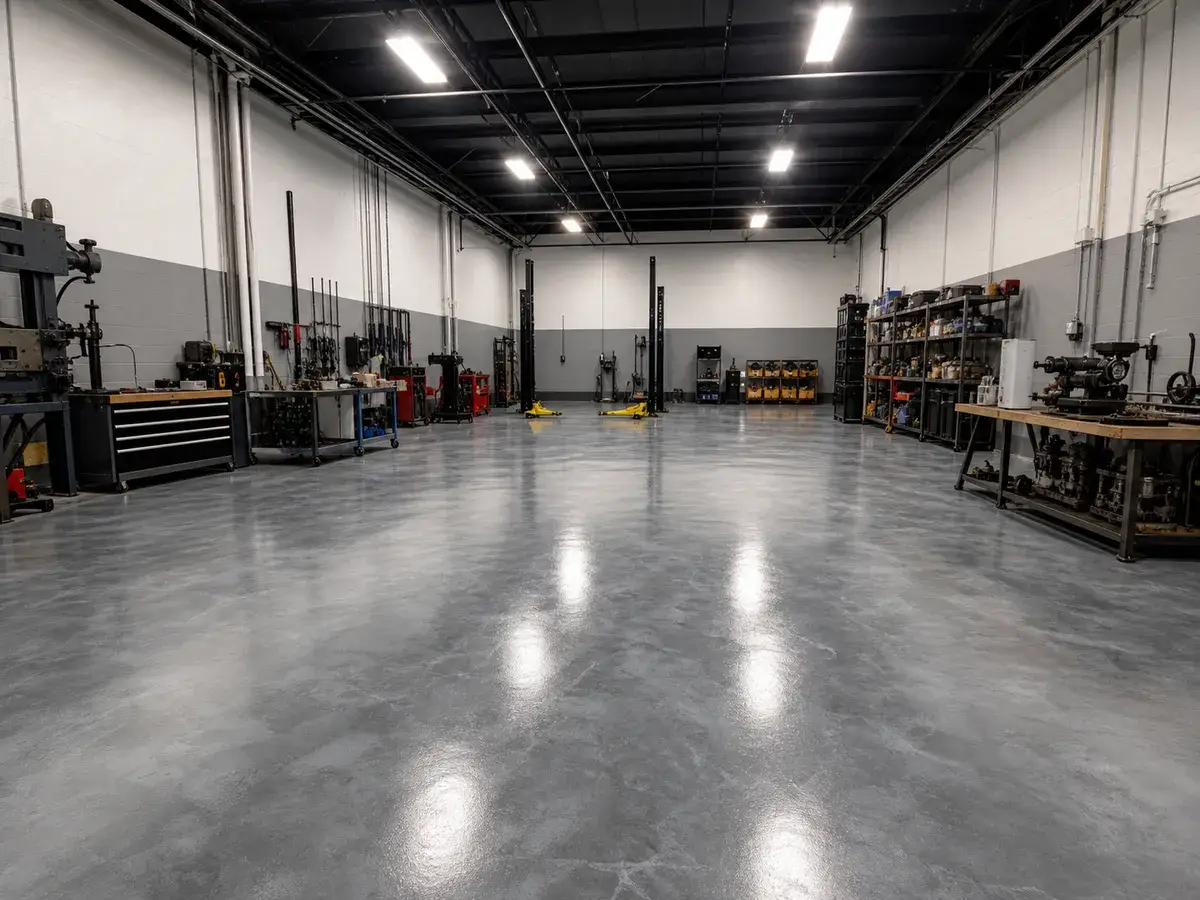 Garage Glow Final Gray epoxy floor in a high-use Atlanta commercial workspace