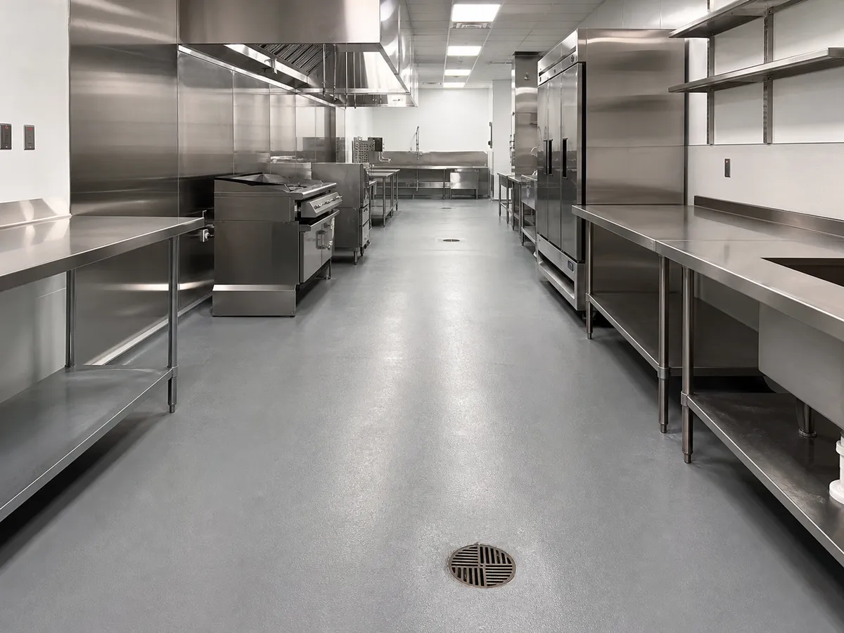 Garage Glow Final Sanitary coated floor in a Stone Mountain commercial kitchen