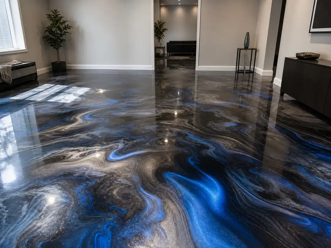 Garage Glow Final Black-and-blue metallic epoxy floor with flowing movement in Sandy Springs