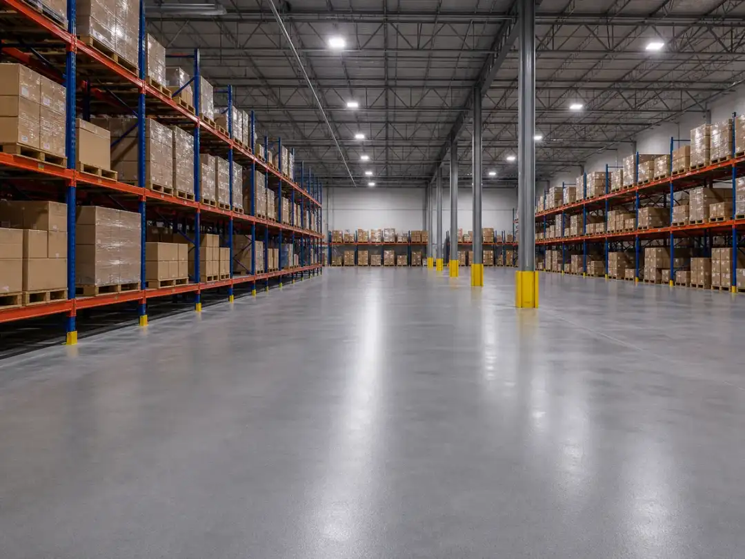 Garage Glow Final Heavy-use gray epoxy coating across a Norcross warehouse floor