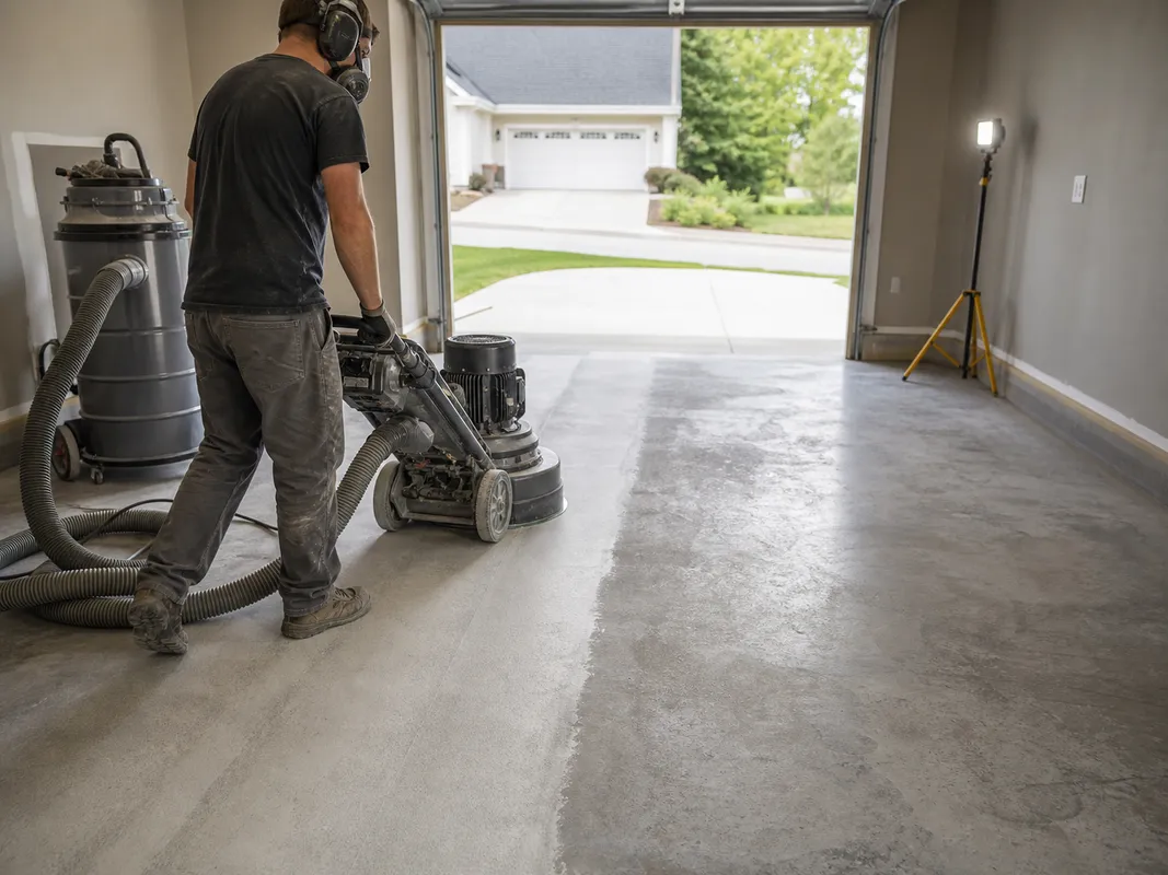 garage floor coating preparation in Atlanta garage showing concrete grinding