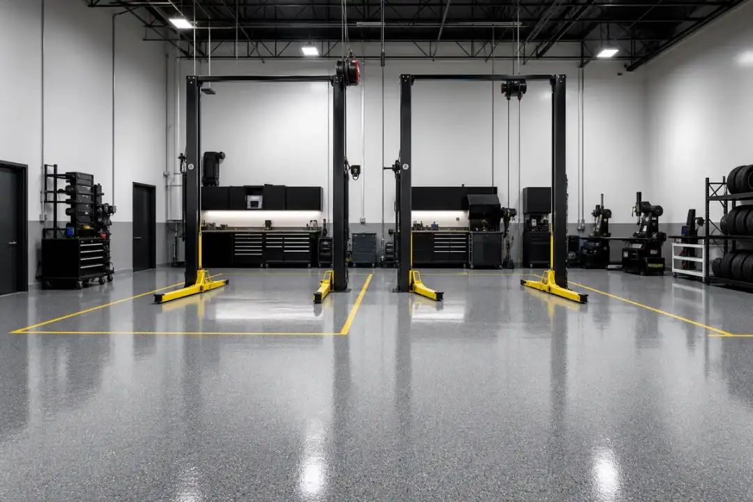 Glossy gray epoxy floor with yellow safety lines in an auto shop