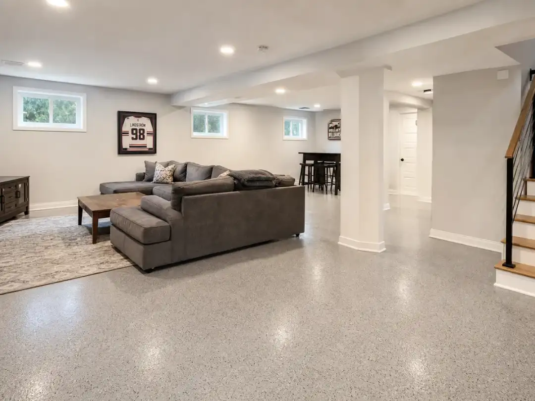 Finished basement floor coating in a modern room