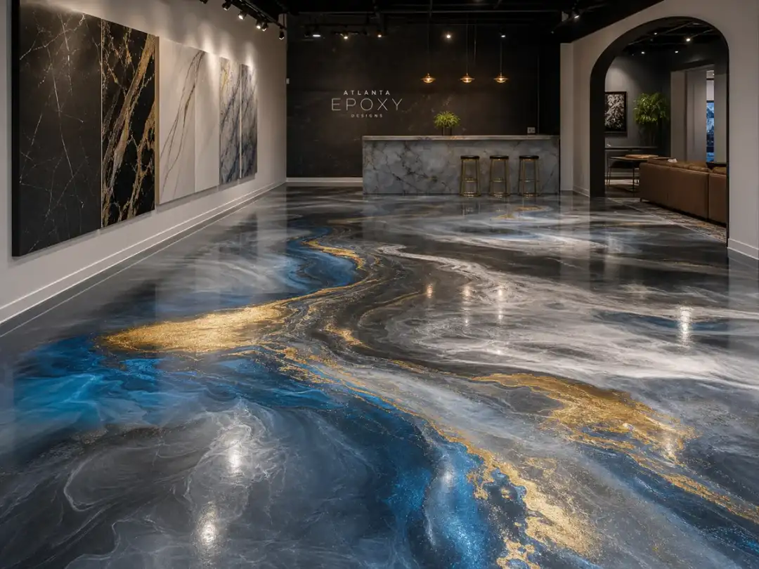 Luxury metallic epoxy floor with blue silver and gold movement