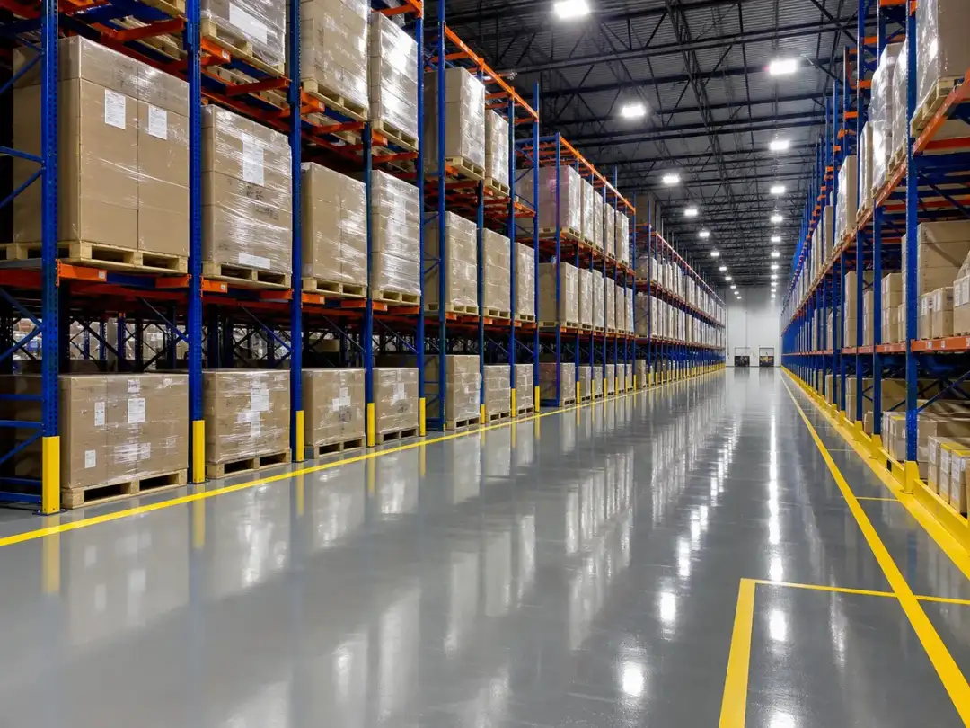 Commercial warehouse epoxy floor with safety striping