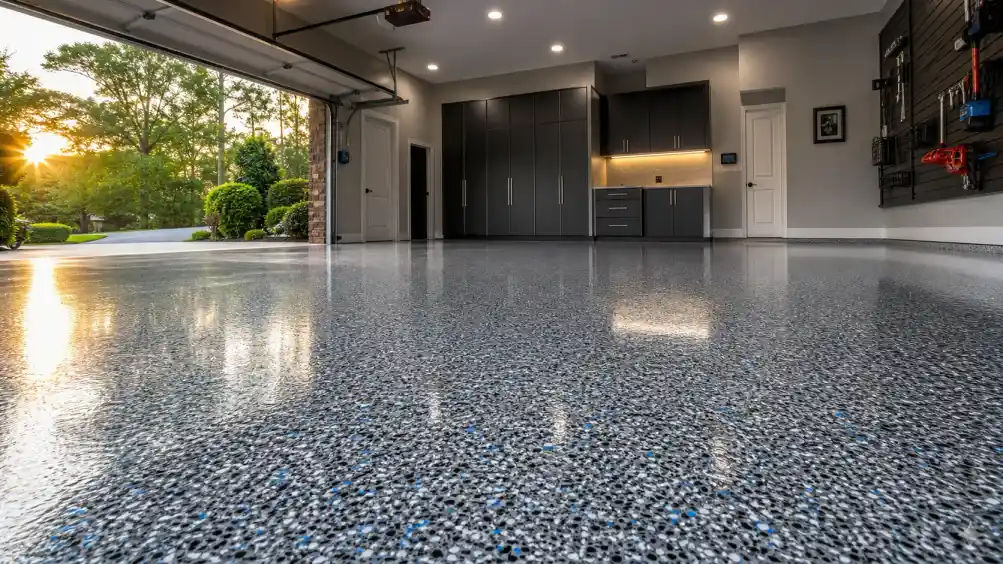 Luxury coated garage floor with showroom finish