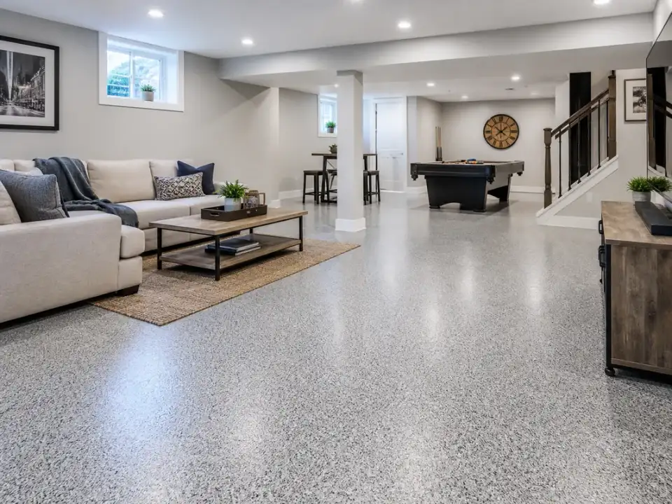 Finished basement floor coating with a clean flake surface