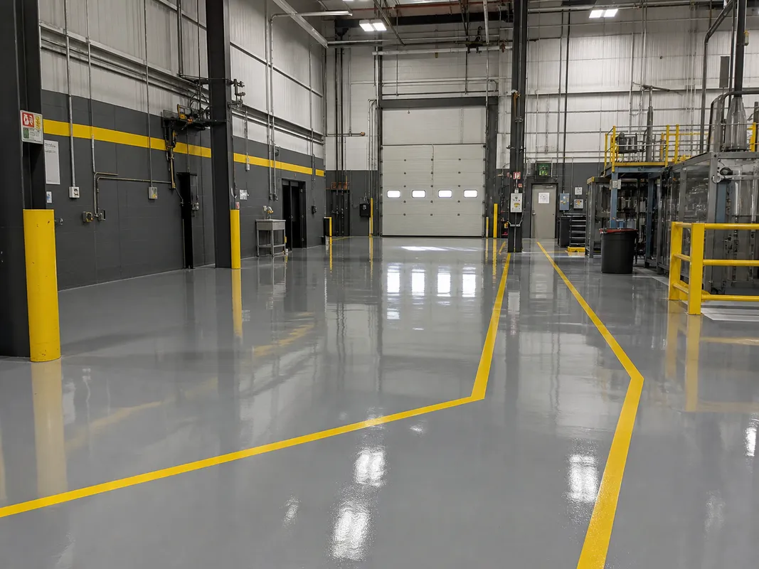Commercial epoxy floor with safety striping in an industrial workspace