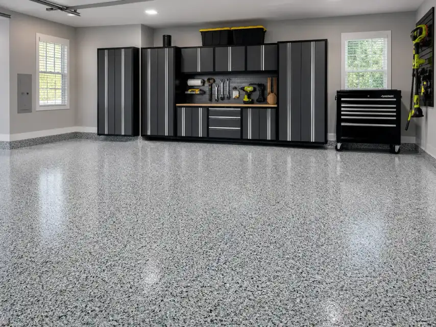 Finished flake garage floor coating in a clean Atlanta garage