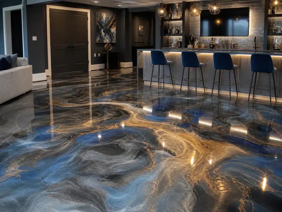 Blue silver charcoal and gold metallic epoxy floor finish