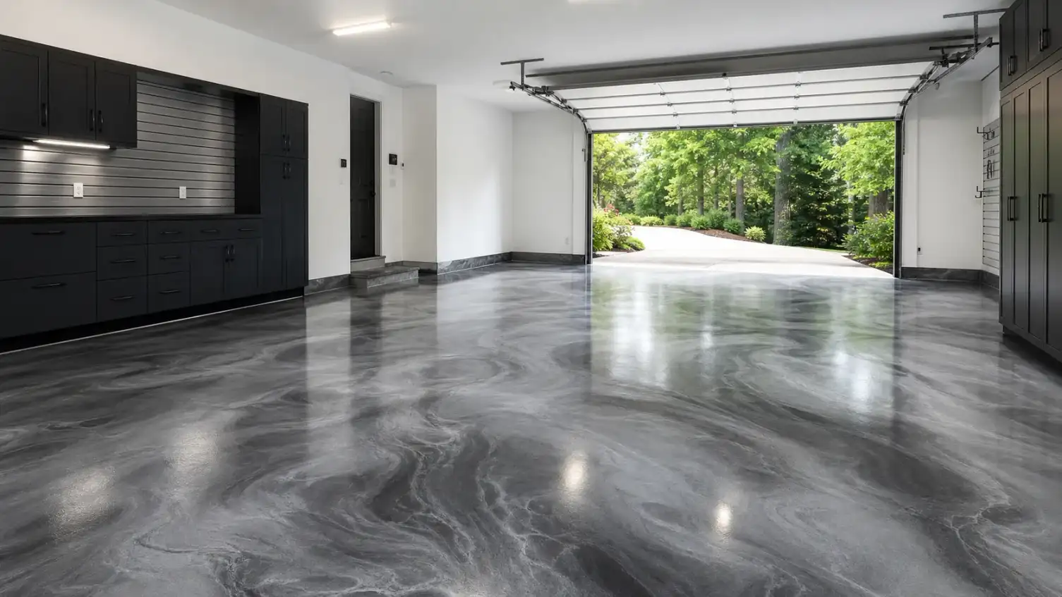 metallic epoxy flooring atlanta garage floor with silver charcoal design