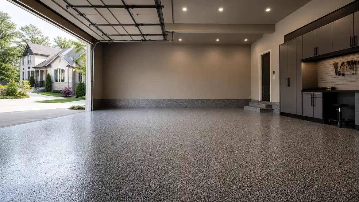 epoxy flooring in Alpharetta GA garage with premium flake finish by Garage Glow