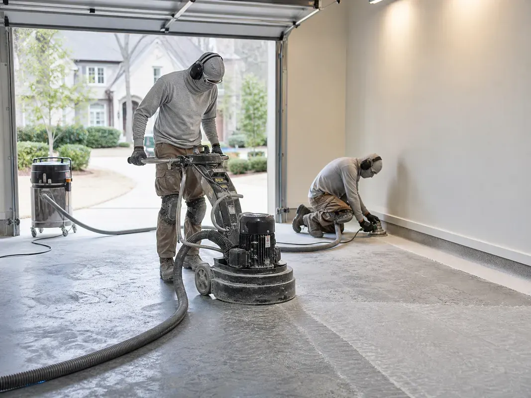 Garage Glow crew working on epoxy flooring for an Alpharetta homeowner