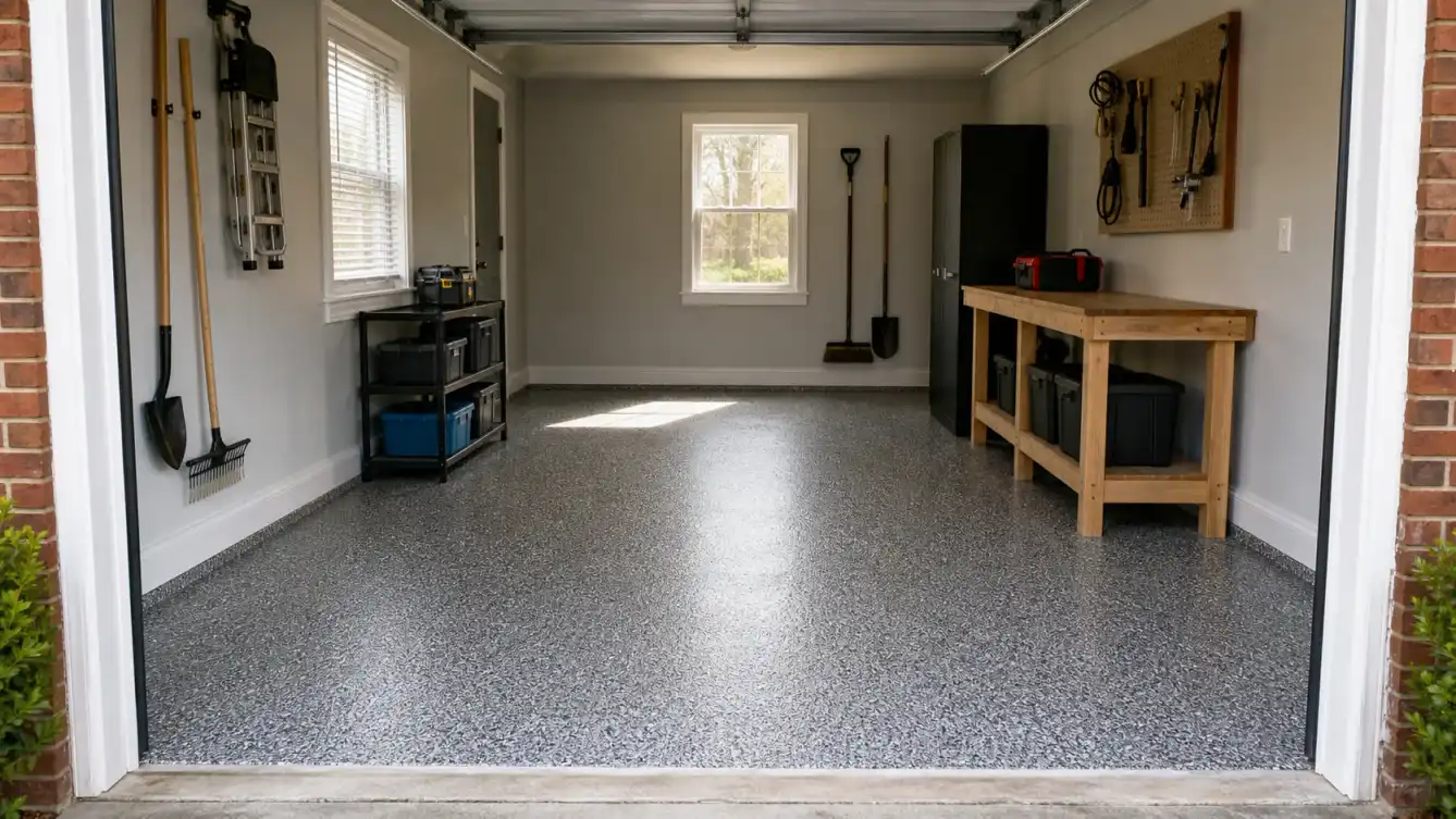 epoxy flooring Decatur GA garage floor coating in older bungalow garage