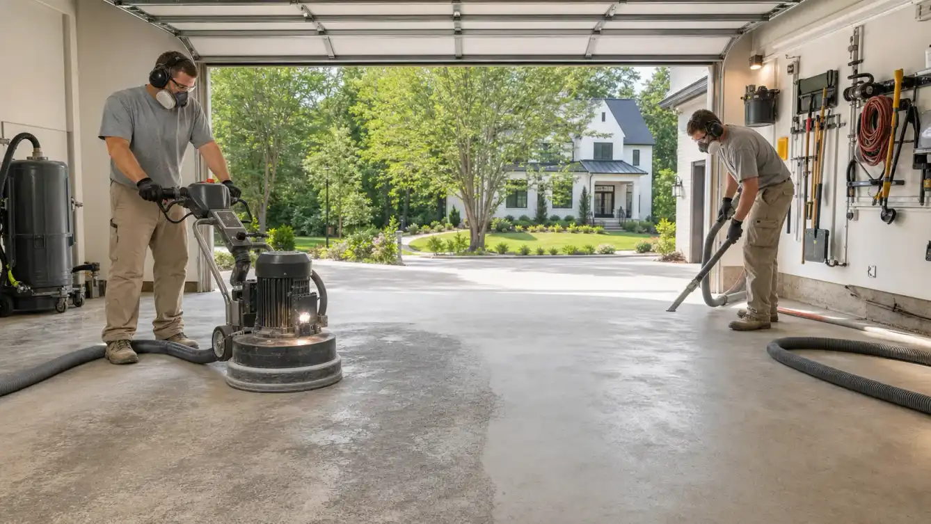 Garage Glow Final Garage Glow crew working on a residential garage floor coating project in Greater Atlanta