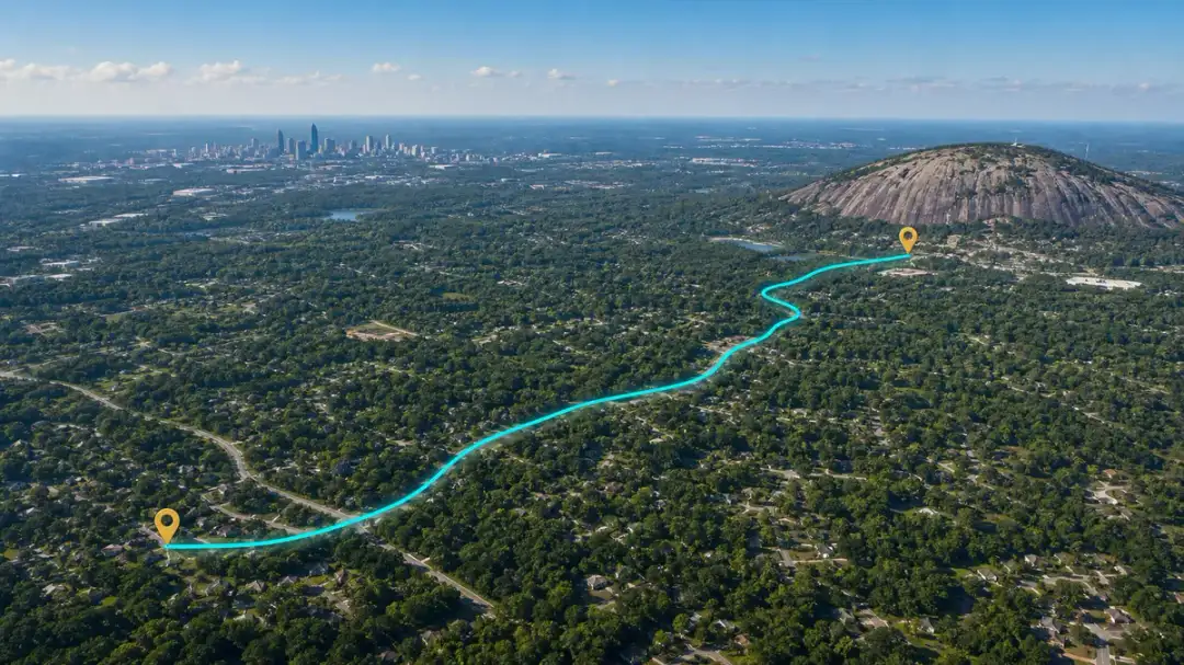 map showing Garage Glow service route to Stone Mountain GA