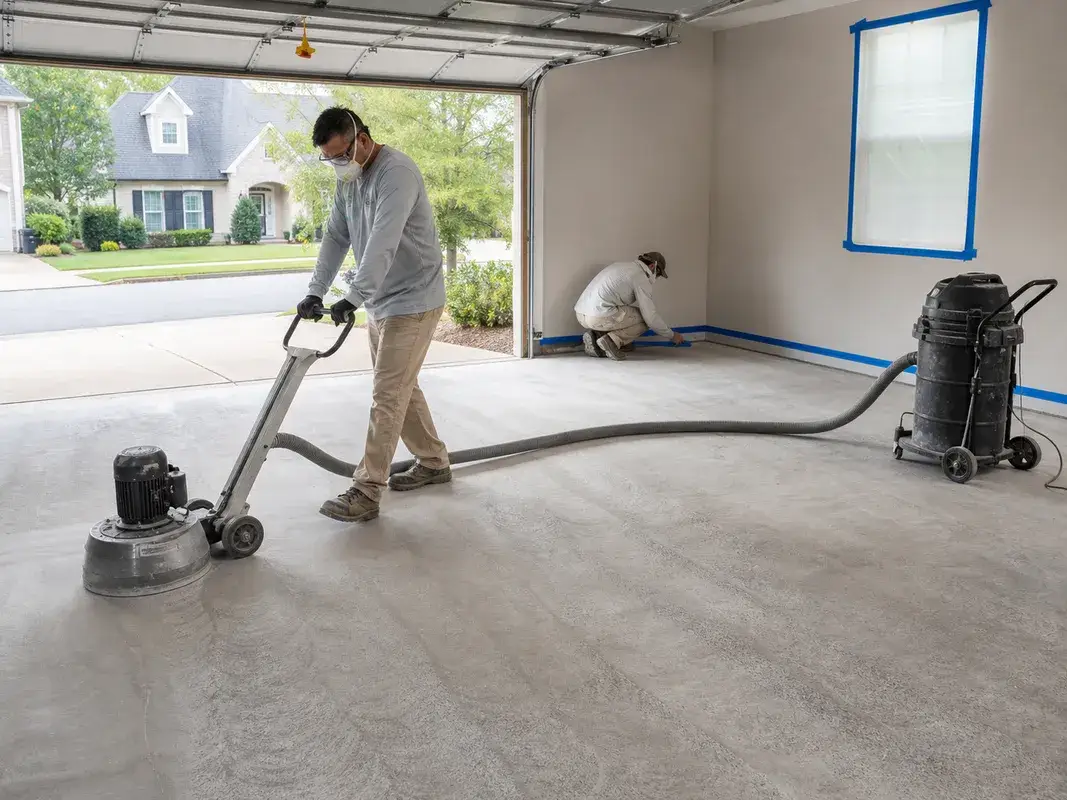 Garage Glow crew working on epoxy flooring for a Suwanee homeowner