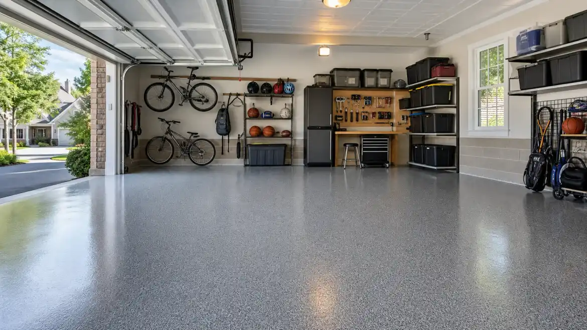 epoxy flooring in Suwanee GA family garage by Garage Glow
